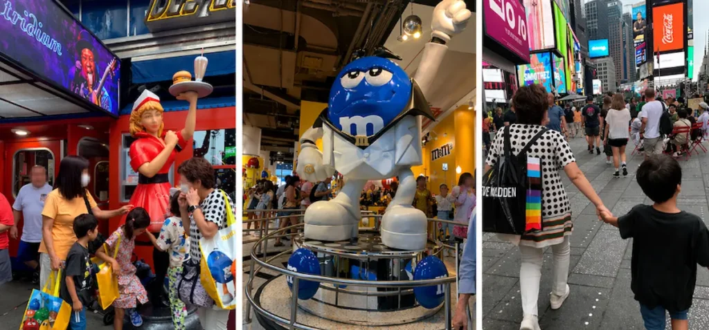 ニューヨークのタイムズスクエア観光コラージュ M&M’Sストアやダイナー前で子連れ旅行を楽しむ様子と街歩き風景