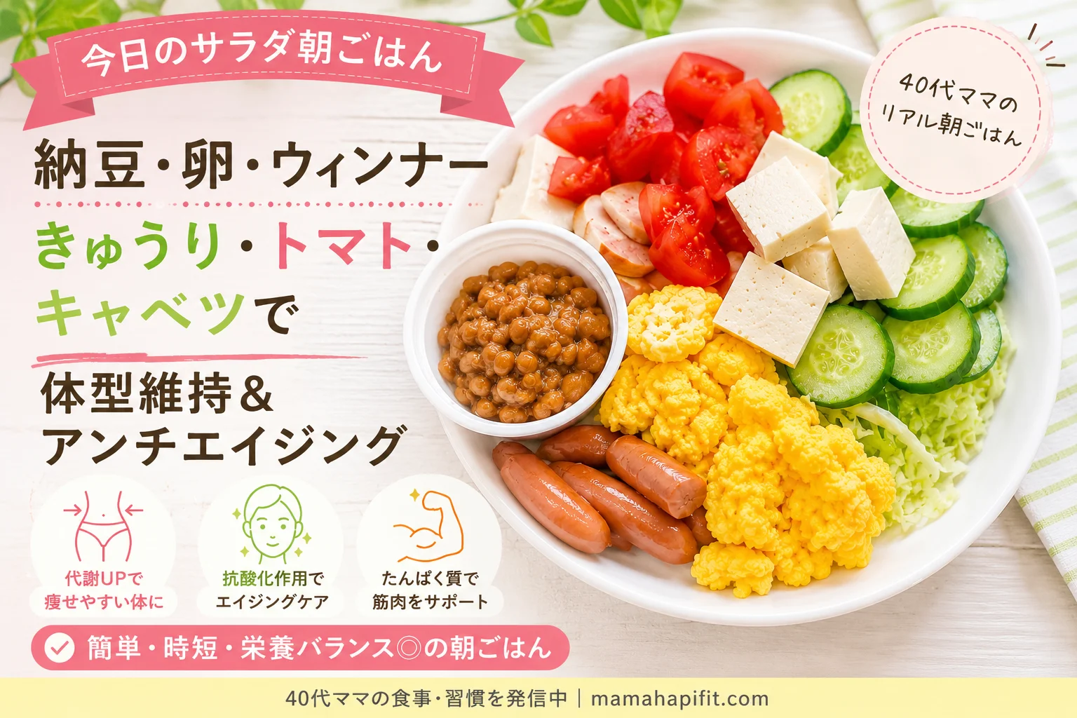 40代ママの納豆・卵・豆腐入りサラダ朝ごはん。きゅうり・トマト・キャベツで体型維持とアンチエイジングを意識した簡単ヘルシー朝食