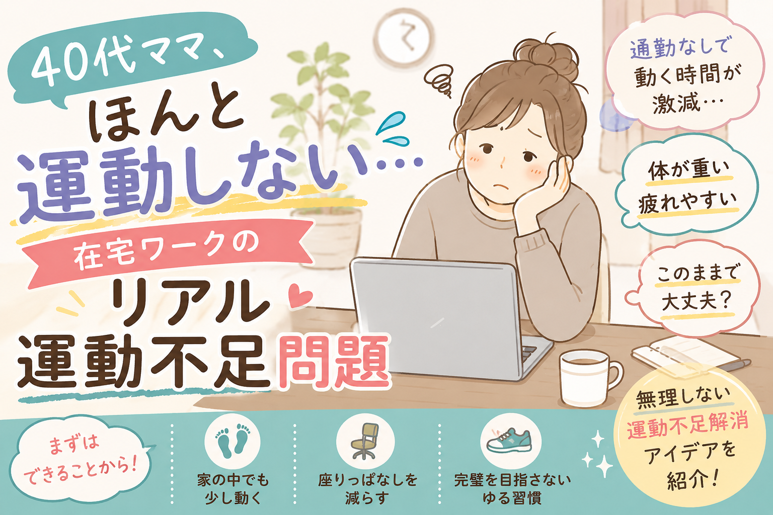 在宅ワークで運動不足を感じる40代ママをイラストで表現した、リアルな健康習慣記事のアイキャッチ画像