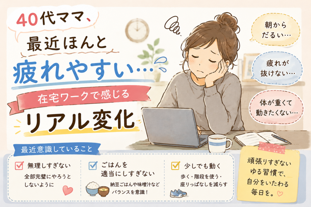 在宅ワークで疲れやすくなった40代ママをイラストで表現した、リアルな生活習慣改善記事のアイキャッチ画像