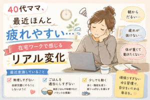 在宅ワークで疲れやすくなった40代ママをイラストで表現した、リアルな生活習慣改善記事のアイキャッチ画像