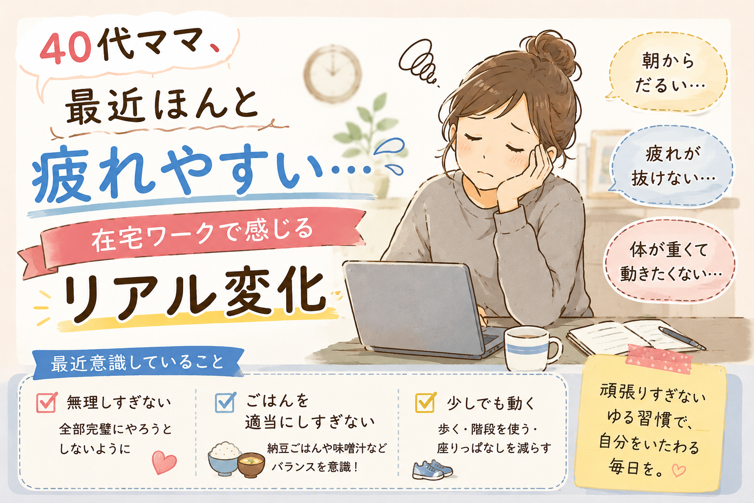 在宅ワークで疲れやすくなった40代ママをイラストで表現した、リアルな生活習慣改善記事のアイキャッチ画像