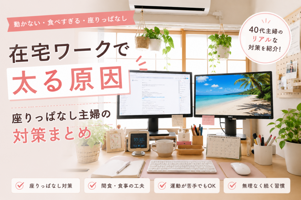 在宅ワークで太る原因をテーマにした40代主婦向けブログ記事アイキャッチ。デュアルモニターの作業部屋とビーチ画面、座りっぱなし対策を紹介するデザイン。
