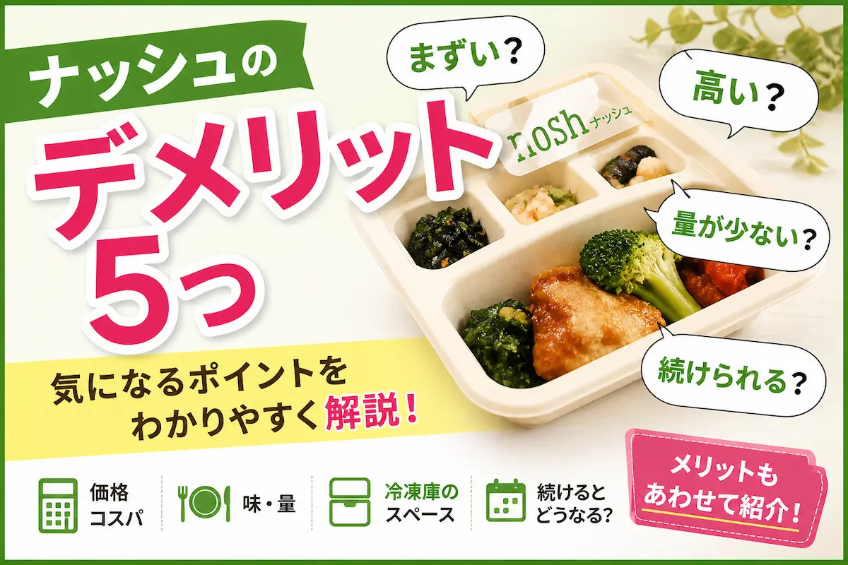 ナッシュのデメリットまとめ｜価格・味・量など気になるポイントをわかりやすく解説したイメージ