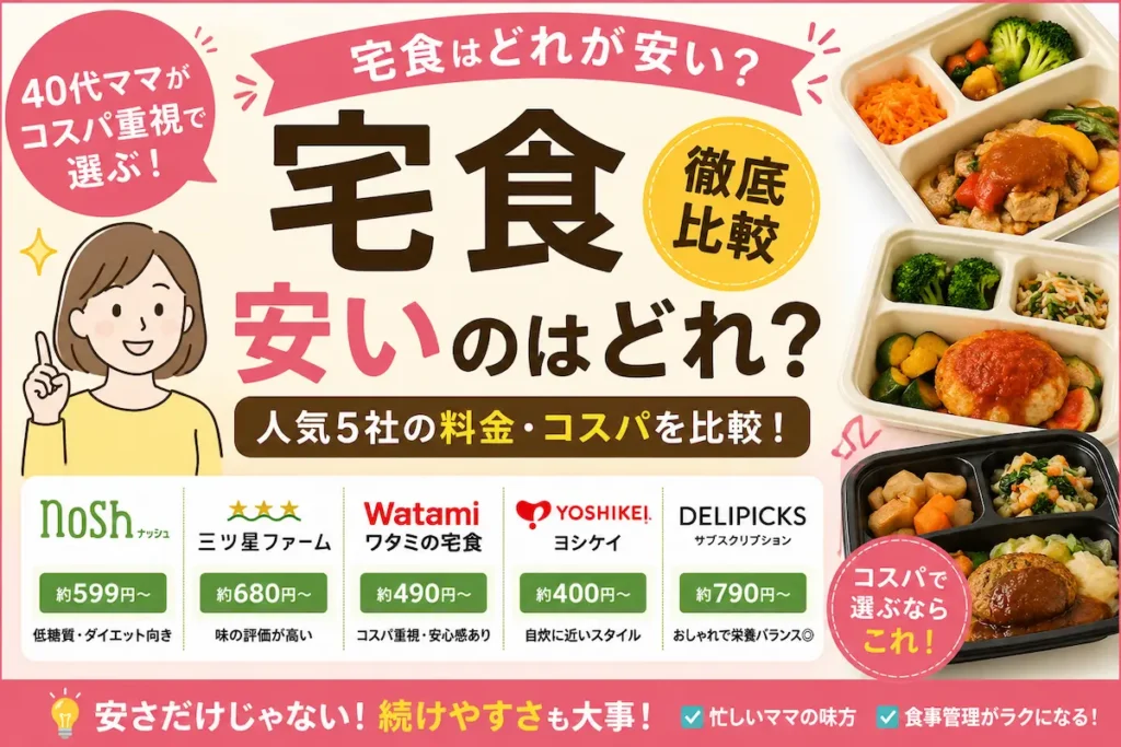 宅食サービスの料金比較イメージ｜ナッシュ・三ツ星ファーム・ワタミ・ヨシケイなど人気5社をコスパ重視で比較した画像