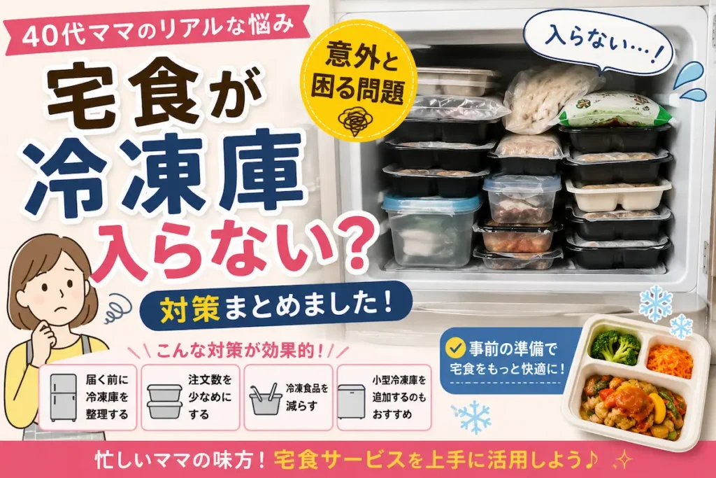 宅食が冷凍庫に入らない問題を解説したイメージ｜ナッシュなど宅食サービスの保存スペース対策をまとめた画像