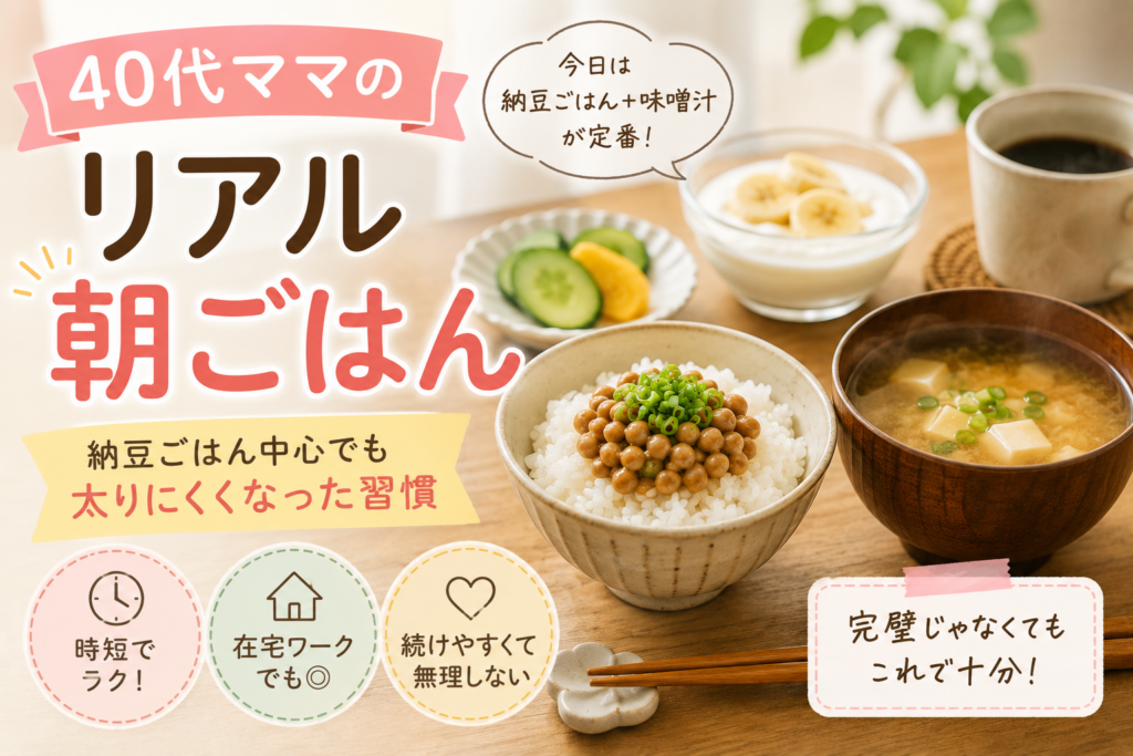 40代ママのリアル朝ごはんとして、納豆ごはんや味噌汁を紹介する在宅ワーク向けアイキャッチ画像