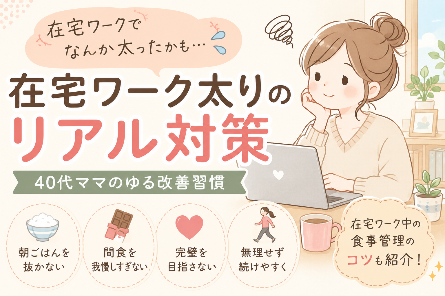 在宅ワークで太ったと感じる40代ママ向けに、無理しない食事管理やリアル習慣を紹介するアイキャッチ画像