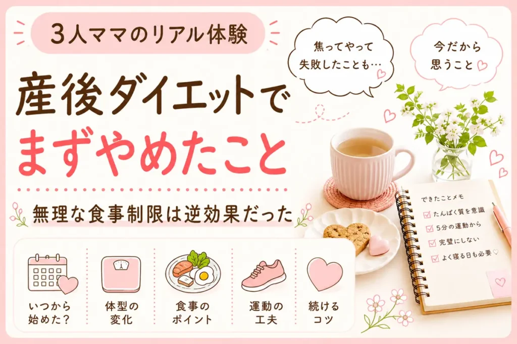 3児ママのリアル体験｜産後ダイエットでまずやめたことを紹介するやさしい雰囲気のアイキャッチ