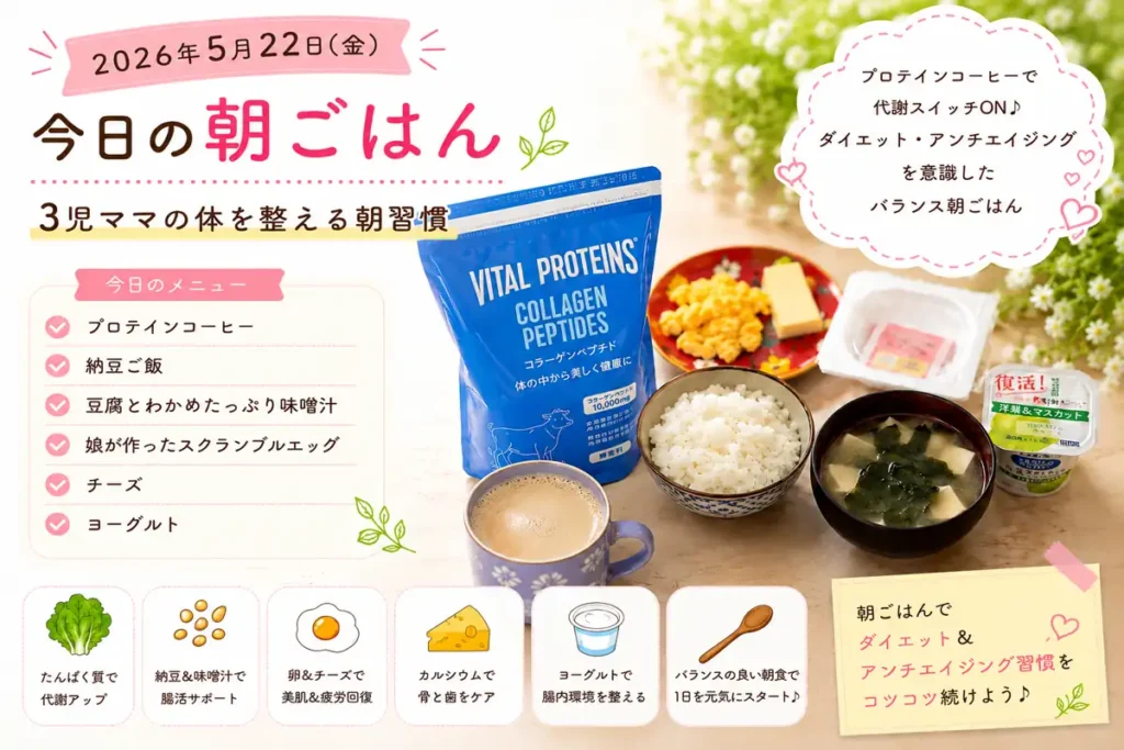 プロテインコーヒーと和朝食で代謝アップを意識した40代3児ママの朝ごはん