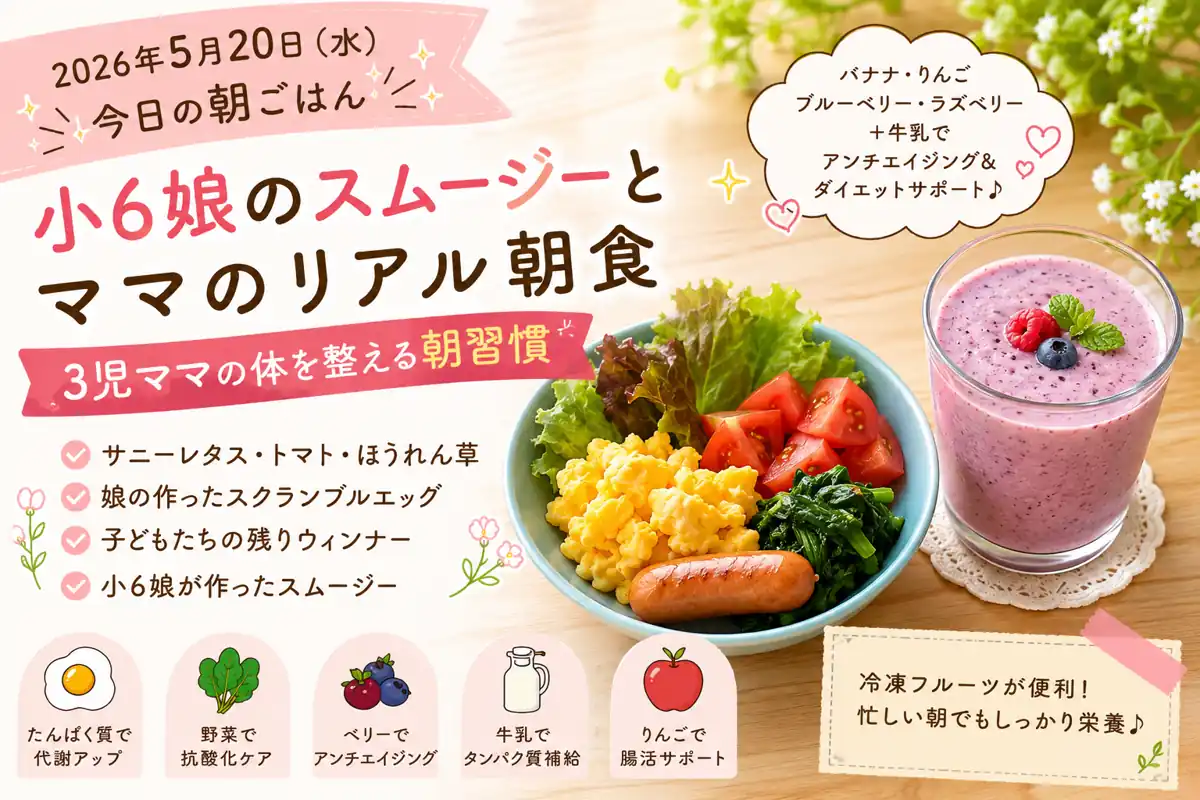 小6娘が作ったベリースムージーと野菜たっぷり朝ごはん|3児ママのリアル朝食